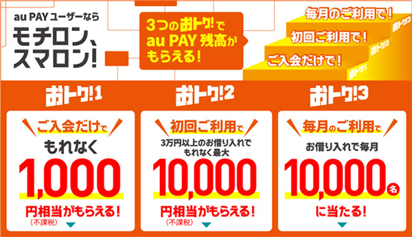 au PAYユーザーならモチロン、スマロン!3つのおトク!でau PAY 残高がもらえる!