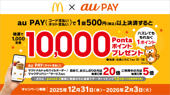 au PAY（コード支払い/ネット支払い）で1回500円（税込）以上決済すると抽選で1,000名様10,000Pontaポイントプレゼント　ハズレてももれなく1ポイント