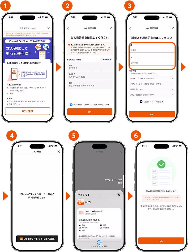 au PAY アプリでの本人確認手順 画面遷移