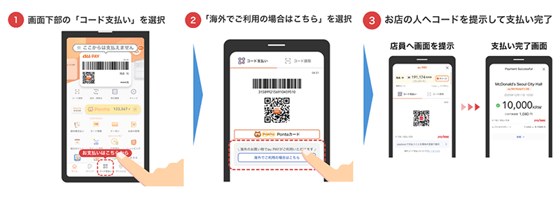 1.画面下部の「コード支払い」を選択 2.「海外でご利用の場合はこちら」を選択 3.お店の人へコードを提示して支払い完了